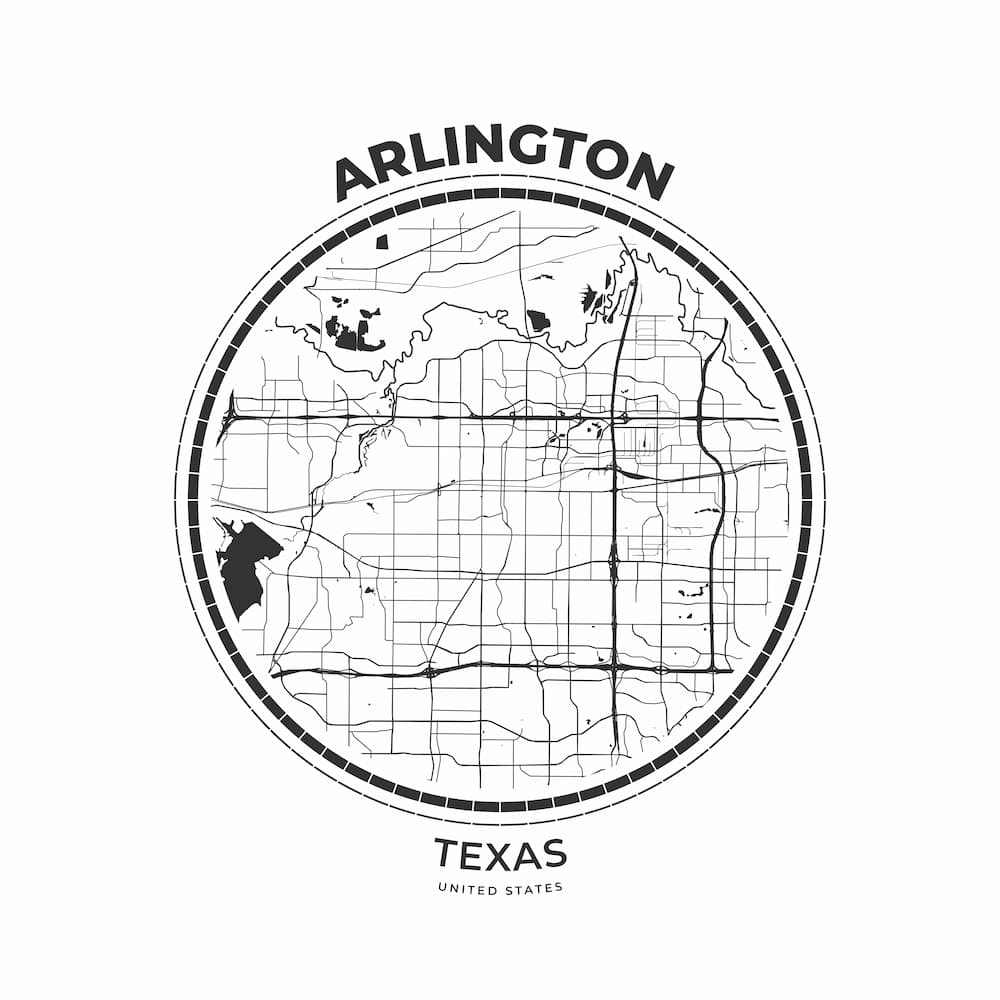 A black and white road map of Arlington, Texas